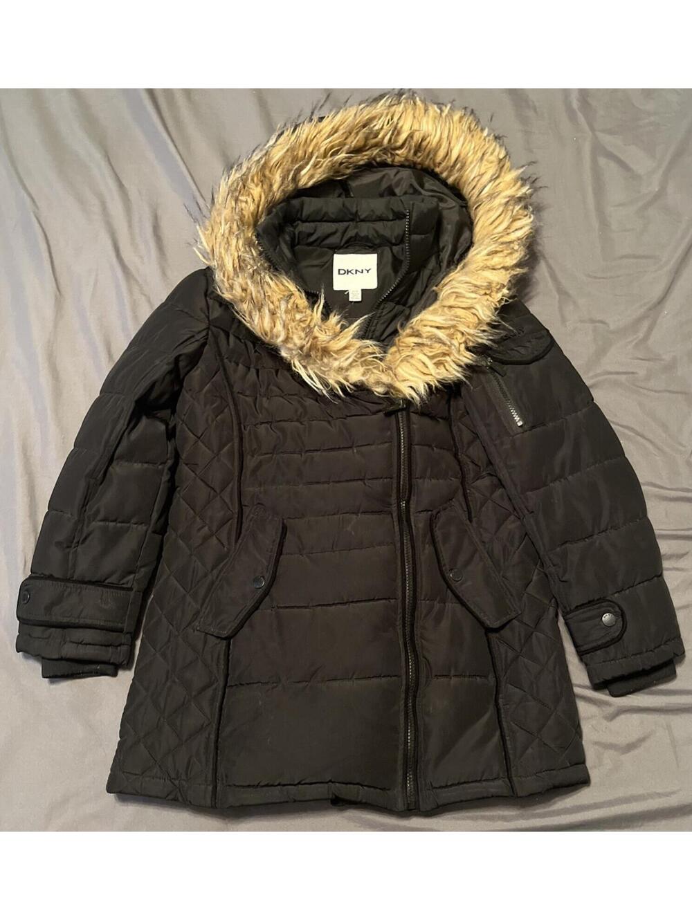 Womens DKNY black puffer coat with faux fur trimmed hood Size 10/12 - Clean!!